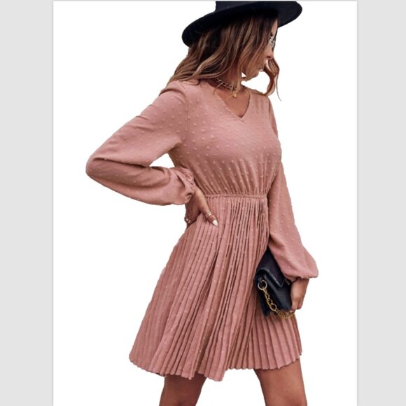 SHEIN Women's Medium Dusty Pink Pleated Unity Solid Swiss Dot A-line Vneck Dress - Picture 1 of 11